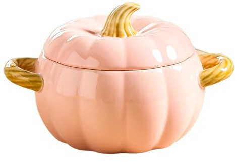 Zucca in ceramica, simpatica ciotola di zucca in ceramica, antiaderente in ceramica, con coperchio, stoviglie di zucca in porcellana, per Halloween (rosa)