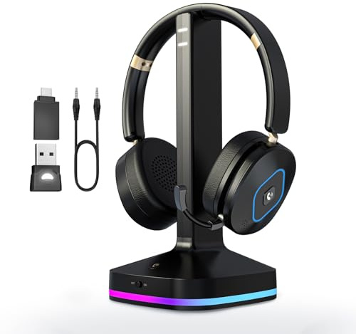 Earbay Kabelloses Headset mit Mikrofon für die Arbeit, V6.0 Bluetooth-Headset mit Geräuschunterdrückung und Stummschaltung, kabellose Kopfhörer mit RGB-Ladestation, Zuhause/Büro/PC/Callcenter/Laptop