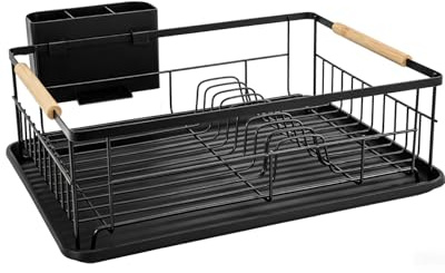 Sekey Abtropfgestell Geschirr mit Holzgriff - Platzsparendes Geschirrabtropfgestell mit Besteckablage, Schwarz & Rostfrei, Kompakter Spülen-Organizer für Küchenarbeitsplatte