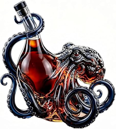 Edición Rum Vaso de Cristal 3D Pulpo Botella | 350ml Botella Coleccionista Rum Edition Glass 3D Octopus Bottle | Ancestral Arte Náutico en Cristal para Decantador de Mar Profundo Decoración Estética