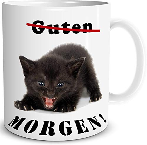 TRIOSK Tasse Morgenmuffel Katze lustig mit Spruch Guten Morgen Katzenmotiv Geschenk für Katzenliebhaber Frauen Freundin Büro Kollegin, Keramik 300ml