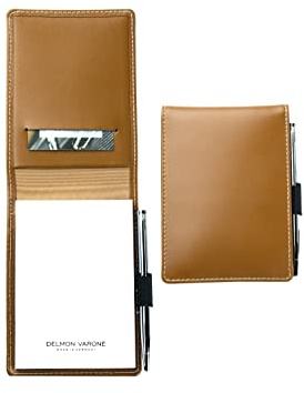 DELMON VARONE - Personalisierbares Notizblock Etui DIN A7 Cambridge Top Grain Leder braun - Reporterblock Lederetui 1 x Mini-Kugelschreiber & 2 x Blanko Block (unliniert) Notiz-Block mit Stiftschlaufe