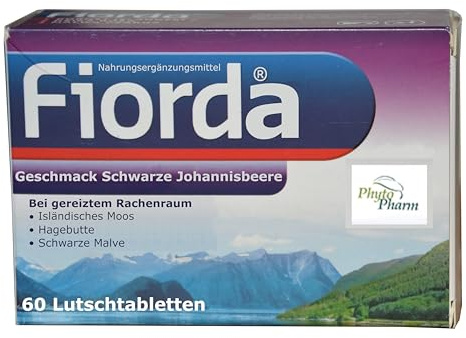 Fiorda, 60 Halspastillen, isländisch Moos Extrakt hochdosiert, Hagebutte (Vit. C), Halsschmerzen, Heiserkeit, befeuchtet Schleimhäute, für Stimmbänder, Lutschtabletten
