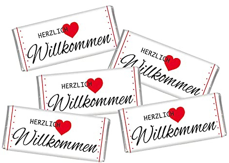 STEINBECK Tischdeko 5x 18g Mini-Schokolade - Herzlich Willkommen - Minitafeln Geschenk Essen Feier Fest Herz Betthupferl Hochzeit Weihnachten Familienfeier