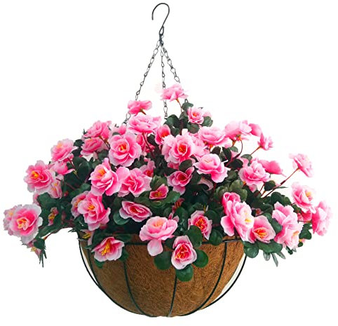 Indoors and Outdoors Silk Pink Flowers Chain Hanging Basket with Flowerpot Fake Rhododendron DIY Artificial Flowers Azalea (Big Basket)