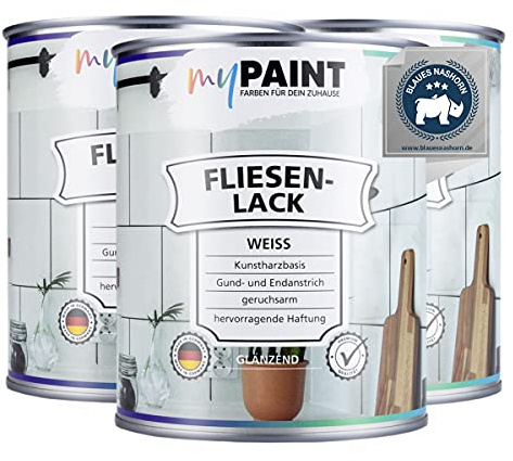 MyPaint Fliesenlack Badezimmer 3 x 750 ml - Weiß Glanz - Fliesenfarbe Küche & Fliesenfarbe Badezimmer (Wand- und Bodenfliesen) mit hoher Deckkraft | wasserbeständig, strapazierfähig