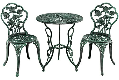 GIANTEX 3-teiliges Bistro Set, Bistrotisch mit 2 Stühlen, Gartenmöbel Set Aluminium, Gartenset Balkonset Antik, Runder Gartentisch, Balkonmöbel Set Garten Sitzgruppe 2 Sitzhocker Outdoor (Bronzegrün)