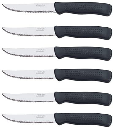 Arcos Serie Cuchillos de Mesa Chuleteros, Mango de Polipropileno, Hoja 110 mm, Apto para Lavavajillas, Negro, 6 Piezas