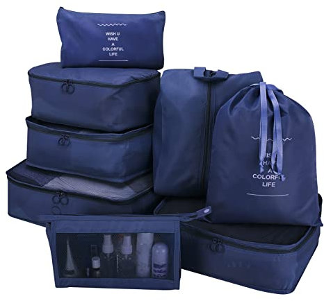 wiipara Packwürfel Set 8-teilig, Koffer Organizer Packing Cubes Set, Wasserdichte Kofferorganizer mit Schuhbeutel & Kosmetiktasche – Leicht & Reißfest für Reisen (Dunkelblau)