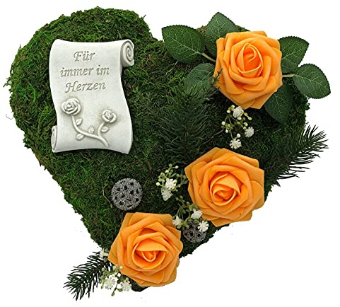 Radami Grabgesteck Grabschmuck Grabaufleger Moosherz Grabherz Trauerherz Grab Herz Gesteck Rosen mit Schriftrolle Für Immer im Herzen (Rosen Orange)