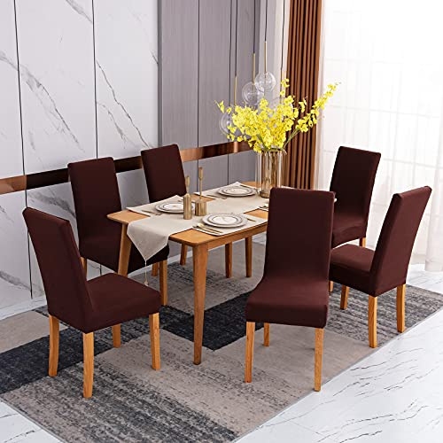 Sufdari Stuhlhussen 6er Set Braun, Stretch Esszimmer Stuhlbezug für Esszimmerstühle, Abnehmbarer Waschbarer Spandex Stuhlüberzug für Küchenstühle,Hotel, Bankett(Braun, 6 Stück)