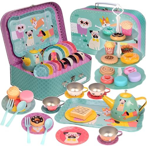 Jewelkeeper 42-Piece Tin Tea Party Set for Little Girls with Pretend Food, Durable Carrying Case, Cute Dog Design for Imaginative Play