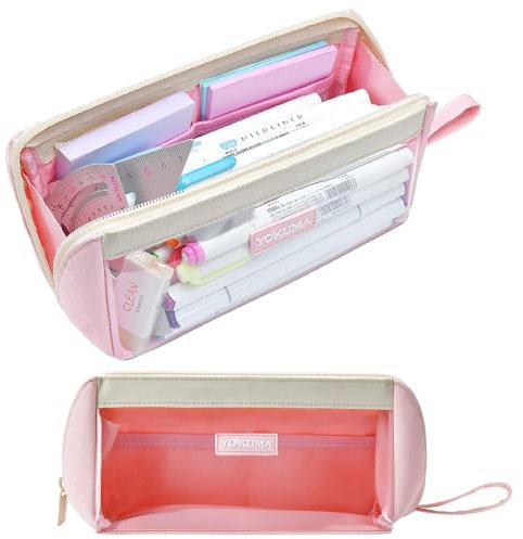 YOKUMA Federmäppchen mädchen mäppchen Durchsichtig federtasche federmappe etui Schule groß Kapazität für Teenager Erwachsene schlamppermäppchen federpenal schulmäppchen Aesthetic Pencil case (rosa)