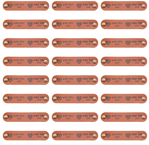 FINGERINSPIRE 24 Stück Handmade Label Leder PU Lederetikett mit Herzmuster & 2 Nieten 12x65mm braune Lederanhänger Knopf oval mit Liebe gemacht Anhänger für Jeans Taschen Schuhe Hut DIY Basteln