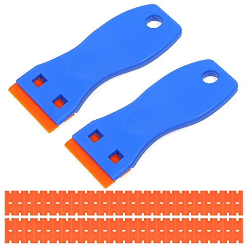 VOANZO Lot de 2 grattoirs avec 50 racloirs en plastique pour nettoyer les autocollants, les étiquettes adhésives, la peinture, le verre, la voiture