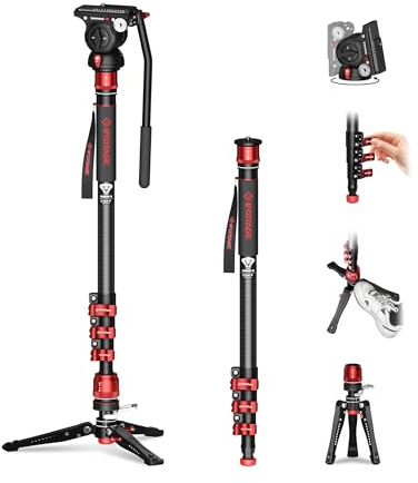 IFOOTAGE Cobra 3 Monopod Kit with Fluid Head C180F-P + K5S, Carbon Fiber Monopod with Feet for DSLR Cameras - Canon, Nikon, Sony, Olympus, Panasonic - Maximum Height 71 - Payload 17.64Lbs/8KG
