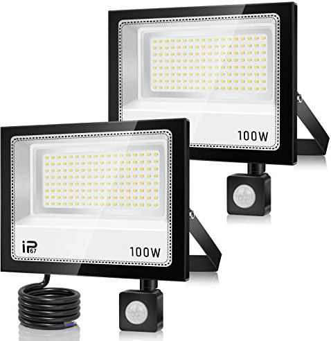 LED Strahler mit Bewegungsmelder Außen 100W 2 Stück,10000LM 7000K PIR Fluter Flutlicht,IP67 Wasserdichte Kaltweiß Superhell LED Scheinwerfer,144 LEDs Aussenstrahler für Eingang Garten Garage Hof