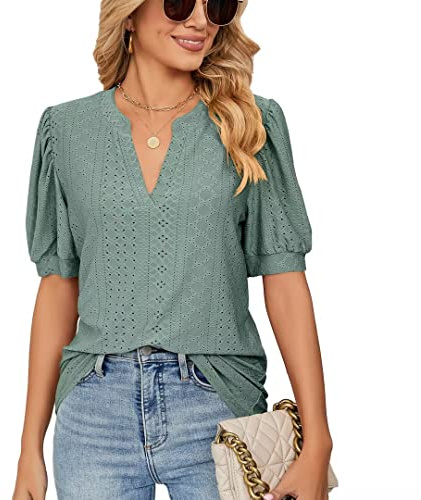 LIAOPUFUS Chaqueta Casual de Cuello V de Manga Corta en Verano para Mujeres Diseño de Malla Hueca de Color Sólido Camisa de Camiseta Suelta con Mangas de Burbuja (Verde Oscuro, XL)
