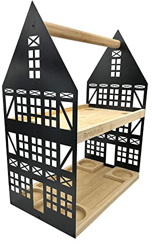 UNUS HOME Etagere Brauhaus, 2 Etagen mit Griff, mit 4 Flaschenhalter | für Bier, Snacks, Wurst und Käse, Tablett aus Bambus Holz, Gestell aus Metall, ideal als Geschenk
