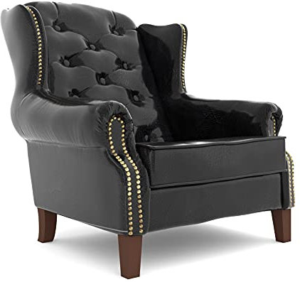 S-Style Möbel Sargans Chesterfield Sessel Ohrensessel Für Wohnzimmer Schlafzimmer Louge Büro Loungesessel Polstersessel Cocktailsessel Holzbeine Öko Leder Schwarz 102 x 93 x 102 cm