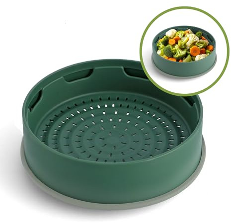 GreenPan Steamy 2 en 1 Cesta de Vapor y Colador de Silicona Antiadherente Ø 24 cm, Sin PFAS, Apilable, Cocina Saludable, Verduras, Arroz, Carne, Pescado, Empanadillas, Lavavajillas, Verde