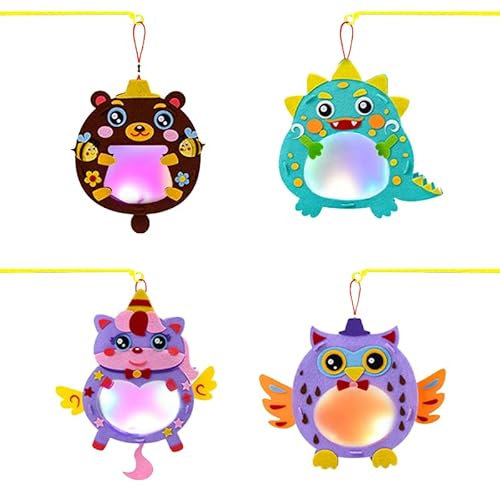 songyea 4 Stück Laternen Bastelset für Kinder, Faschingslaternen, DIY Martinslaterne Laternen mit Laternenstab, Dinosaurier, Eule, Bär und Einhorn Styling, Kinderlaternen Kreativset für Junge Mädchen