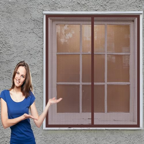 Insektenschutz Magnetfenster 112 x 126 cm Insektenschutzgitter Einfache Installation Auto Schließen Magnet Fliegengitter für Alle Universalfenster, Braun
