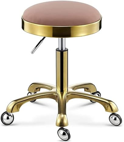 Rollhocker, Drehhocker, Rollhocker mit Rädern, Salonhocker aus Edelstahl mit gepolstertem Ledersitz, einstellbare Höhe und 360°-Drehung (Farbe: Rosa)