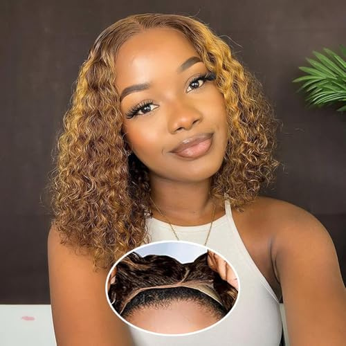 Deep Curly 4x4 Lace Wig Human Hair Bob Perücke Wear and Go Glueless Perücke Damen Highlight Blond Ombre 4/27 Natürliche Perücke Free Part Pré-cut Lace Bob 16 Zoll
