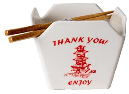 Urban Tokyo Chinese Takeout Box Style Porcelain Bowl With Chopsticks 18 fl oz Square Shape for Rice Noodles Pasta To Go Microwave Dishwasher Safe (Classic Pagoda)