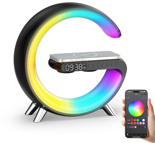 Smiling Shark Intelligente Lampe Ambiance, Lampes de Réveil Lumière avec Charge Sans Fil & Haut-Parleur Bluetooth Simulateur D'aube Dimmable Lampe de Reveil avec App Contrôle pour Chambre Salon