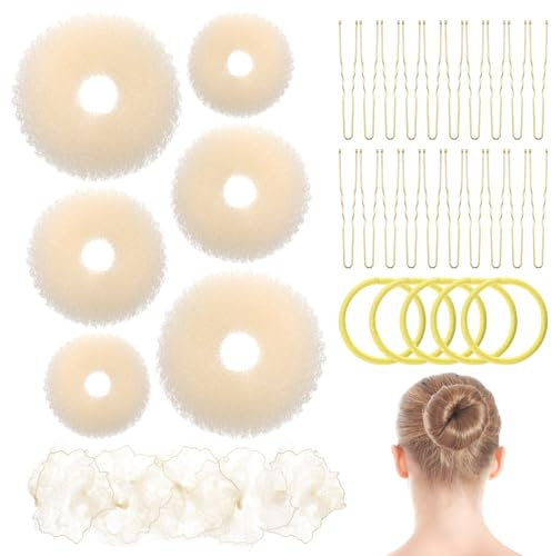 AOZUO Donut Hair Maker Set, 6 Doughnut Makers, 5 Invisible Nets, 5 Bobbles, 20 U-Shaped Clips for Children, Girls and Women