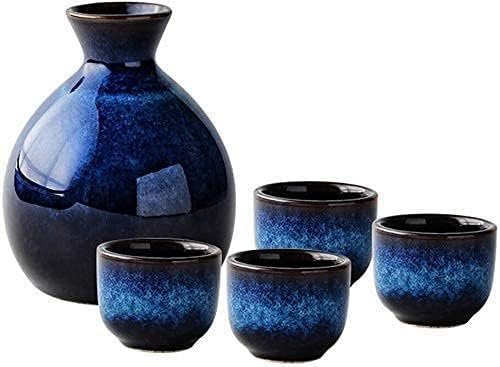 RUHEN Juego de 5 Copas de Vino de cerámica Azul Marino para Sake japonés, Juego de Copas de Vino artesanales para Servicio de Sake frío o Caliente