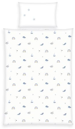 Herding babybest Bettwäsche Little Ocean, Kopfkissenbezug ca. 40 x 60 cm, Bettbezug ca. 100 x 135 cm, Mit Knopfleiste und Hoteleinschlag, 100% Baumwolle, Flanell, Weiß/Hellblau