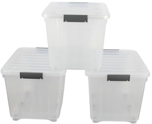 Jolie Max 72L Storage Boxes with Wheels, Heavy-Duty Plastic Storage Containers with Lids, Stackable & Nestable Design with Side Latching Buckles, Transparent. (62 x 44.5 x 40.5 cm) (3)