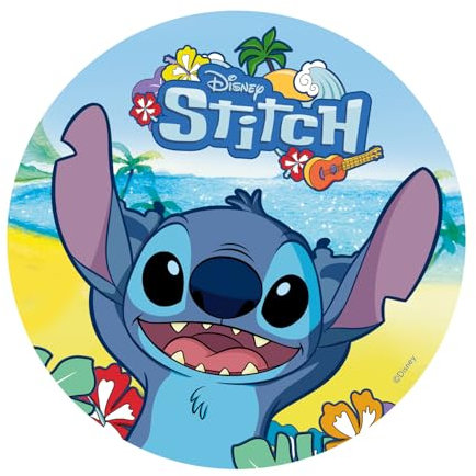 dekora - Decoración para Tartas de Cumpleaños Infantiles - Cake Topper de Stitch 20 cm - Disco de Papel Comestible para Tarta Sin Gluten, Sin Azúcares Añadidos, Sin Lactosa - Apto para Vegetarianos