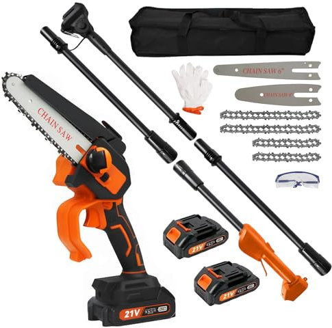 Scie à perche sans fil 2 en 1 et mini tronçonneuse, scie à branches hautes et mini tronçonneuse électrique amovible pour couper des branches d'arbres de jardin, chaînes de 10 et 15,2 cm