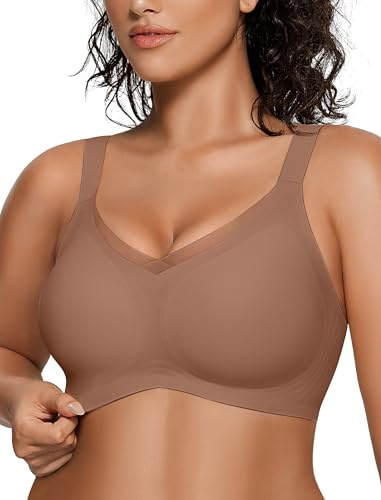 OEAK Womens Wireless Jelly Bras V Mesh Comfortable Bralette Supportive Tshirt Bra No Underwire Seamless Push Up Everyday Bras Khaki XL