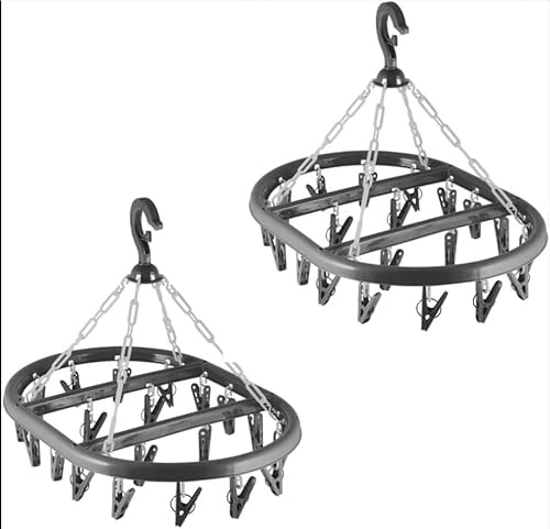 SKYTE Oval Sock Dryer with 20-Piece Clothes Pegs, Plastic Washing Line Laundry Drip Hanger, Windproof Cloth Drying Hanging Rack, Non-Slip Clips Portable Indoor Outdoor Airer Dryer (2 Pack, Grey)