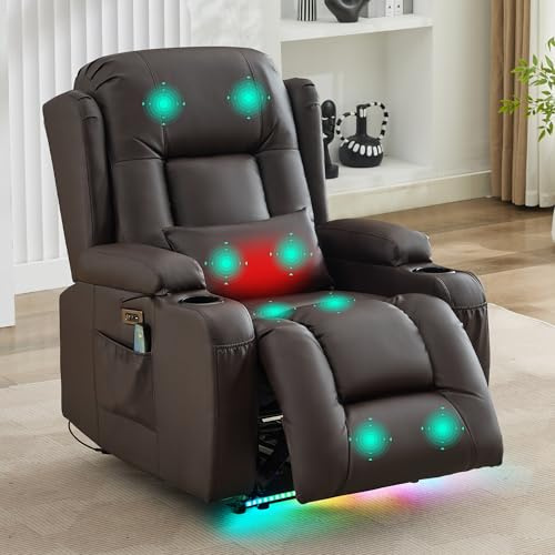 SAMERY Fernsehsessel Elektrisch Verstellbar Relaxsessel mit Liegefunktion,Massagesessel Vibration Heizung,Kunstleder TV Sessel Wohnzimmer Liegesessel Kinosessel 614 mit USB/LED,bis 150 kg (1, Braun)
