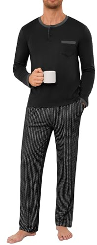 Jahetuul Pijama Hombre Invierno Algodón Manga Larga Bolsillos | Conjunto de pijama cálido para hombre en algodón suave, camiseta manga larga y pantalón con cordón y bolsillos.