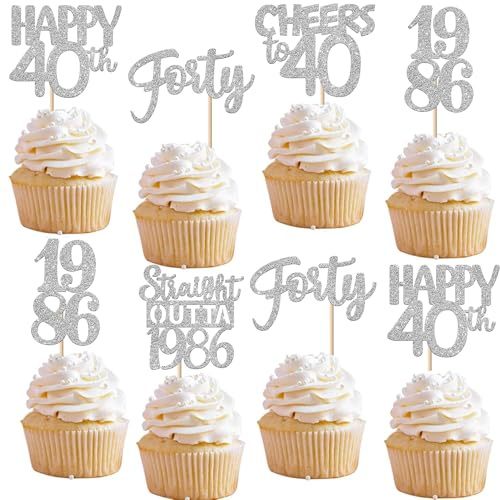 Xsstarmi 30 Pack Happy 40th Birthday Cupcake Toppers Silver Glitter Forty Straight Outta 1986 Cupcake Picks for Cheers to 40 Years 40th Birthday Anniversary Party Cake Decorations