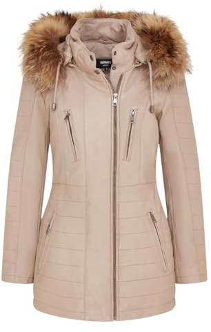 Infinity Leather Giacca Parka in Pelle Beige da Donna, Trench Trapuntato con Cappuccio Staccabile