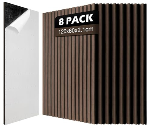 Jaxguom 8x Akustikpaneele Holz 120x60cm (5.76m²) Selbstklebend 3D Wandpaneele in Holzoptik für Schallschutz & Dekoration,Holzpaneele für Wohnzimmer,Büros,Studios,Zur Wandmontage,Walnuss
