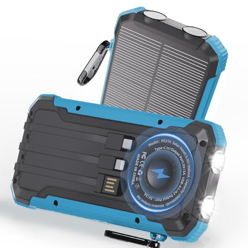 Power Bank Portable Solar Charger, Wireless Fast Charging Battery Pack, 20000mAh Capacity USB-C Input, 6 Outputs, Dual LED Flashlight, USB Battery Pack for Cell Phone Camping Travel Emergency (Blue)
