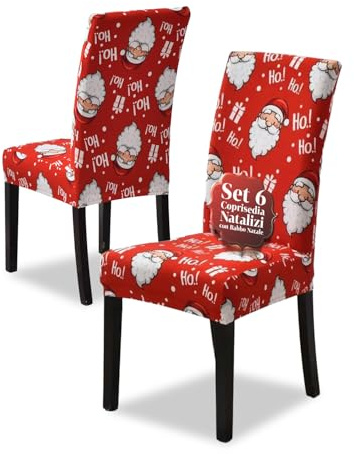 Avilia – Coprisedia Natalizi in Tessuto Elasticizzato Set da 6 con Motivo Babbo Natale per Schienale e Seduta, Facili da Montare, Lavabili e Riutilizzabili per Decorazioni Natalizie di Casa