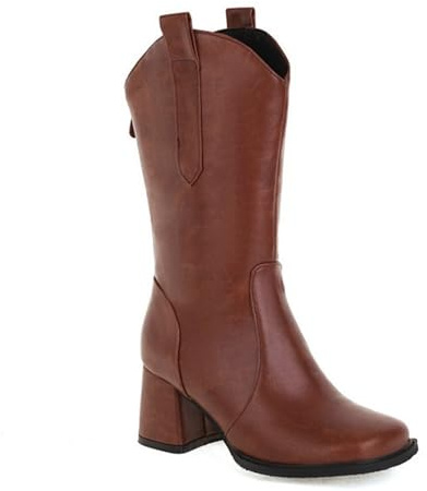 Cowgril Bottes mi-mollet à bout carré et talon bloc pour femme, marron, 40.5 EU