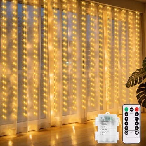 ZAIYW 144 LED Lichtervorhang Innen mit 8 Modi Timer für Innen Außen Deko | 2,4M x 1,8M Lichterketten Vorhang Batterie mit Fernbedienung , Wasserdicht Lichtervorhang für Hochzeit Deko (Warmweiß)