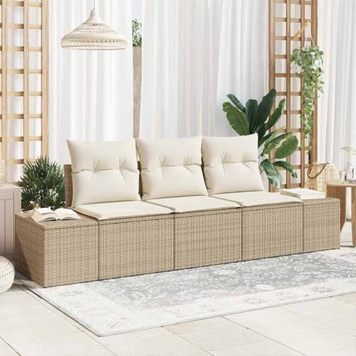 Yunovire Garten Loungeset Beige Poly Rattan, 3-teilig mit Kissen, UV-beständig, Modular für Terrasse Balkon, Wetterfestes Outdoor Sofa Set, Leichtes Design
