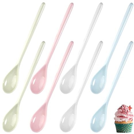 8 Piezas Cuchara Larga de Plastico, 18.5cm Cucharas de Plástico de Color, Cucharas Largas para Huevos, Cucharillas Cafe Largas, Cuchara Larga para Cafe, Postre, Miel, Helados, Yogures, Mermeladas